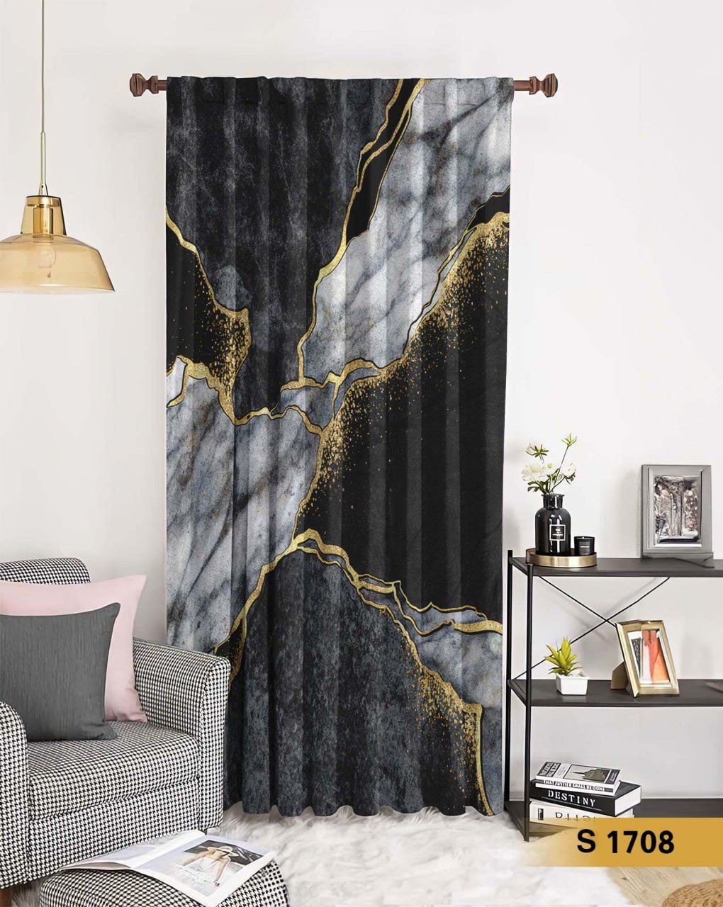 ستارة قطيفة ناعمة - تصميم رخام أسود وذهبي مطبوع  S 1708