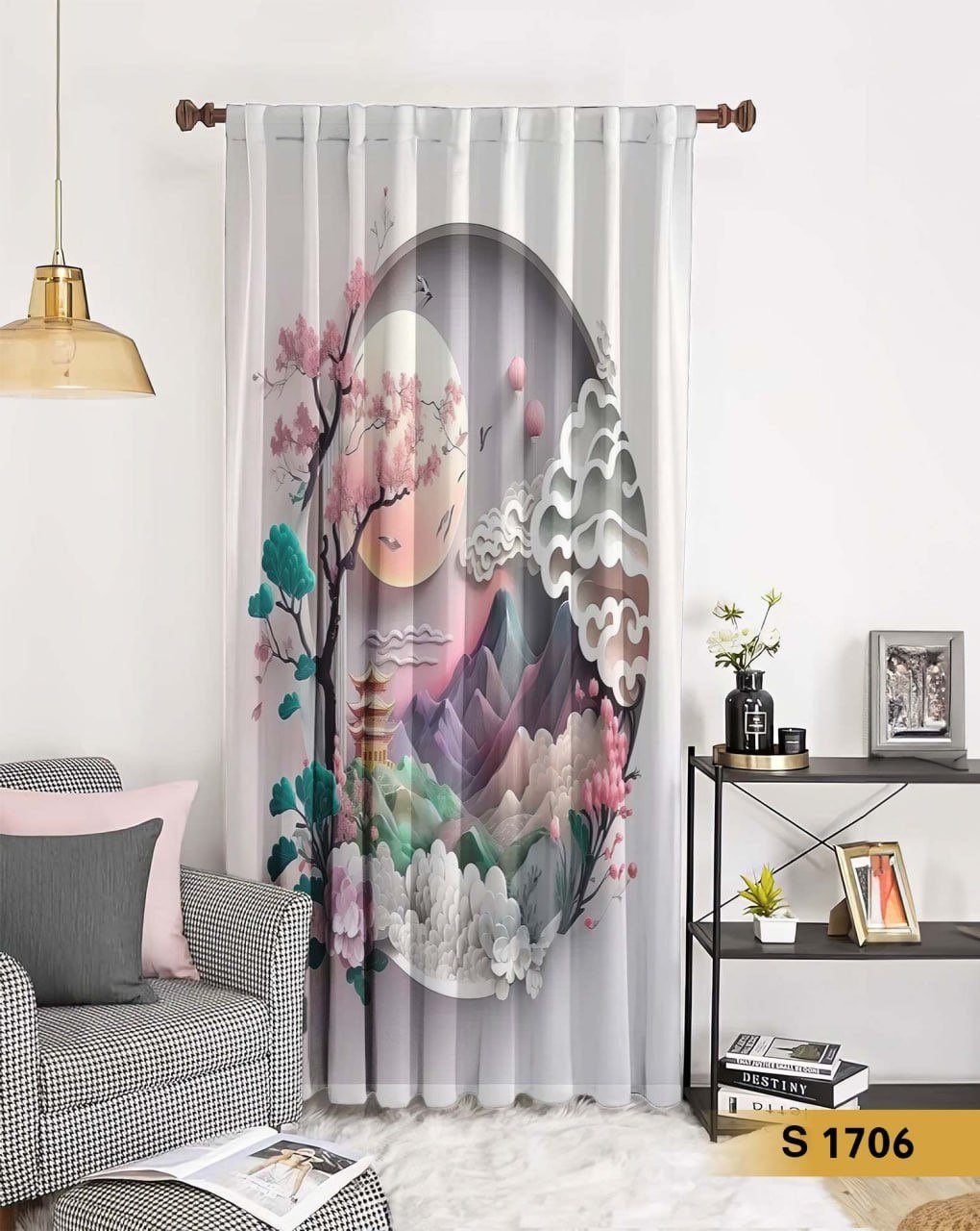 ستارة قطيفة طباعة 3D بتصميم مناظر طبيعية آسيوية هادئة – S 1706