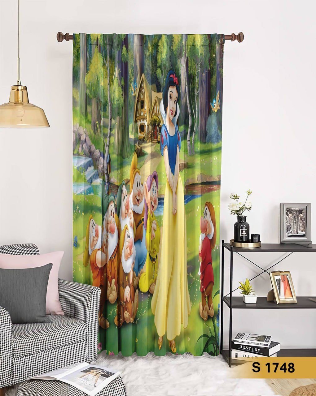 ستارة قطيفة طباعة 3D بتصميم سنو وايت والأقزام باللون الأخضر والأصفر – S 1748