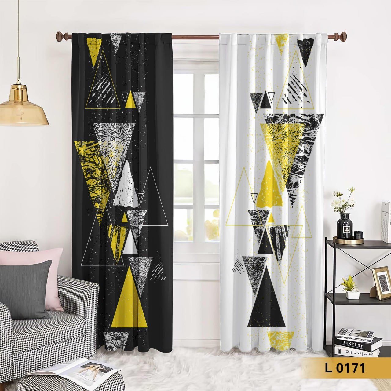 ستارة قطيفة طباعة 3D بتصميم هندسي مودرن بالألوان الأسود والأبيض والأصفر – L 0171