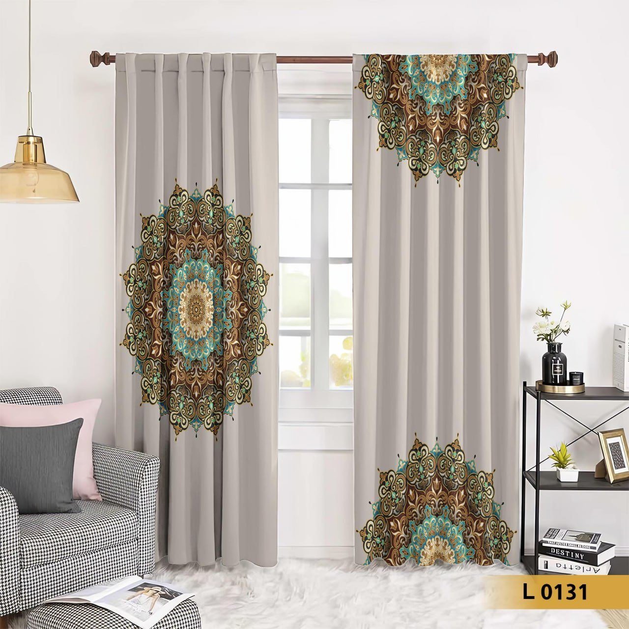 ستارة قطيفة طباعة 3D بتصميم نقشة ماندالا شرقي بالألوان البيج والبني مع الأزرق – L 0131