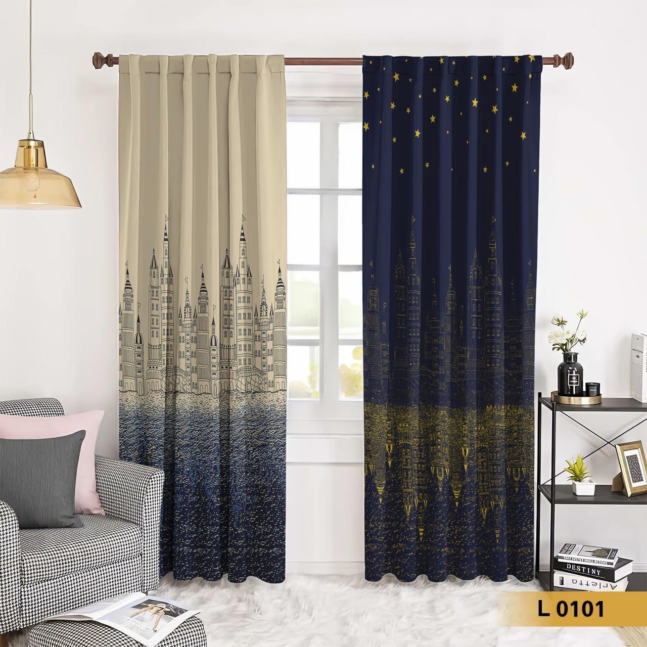ستارة طباعة 3D بتصميم مدينة ليلية ونهارية – ألوان كريمي وكحلي – موديل L0101