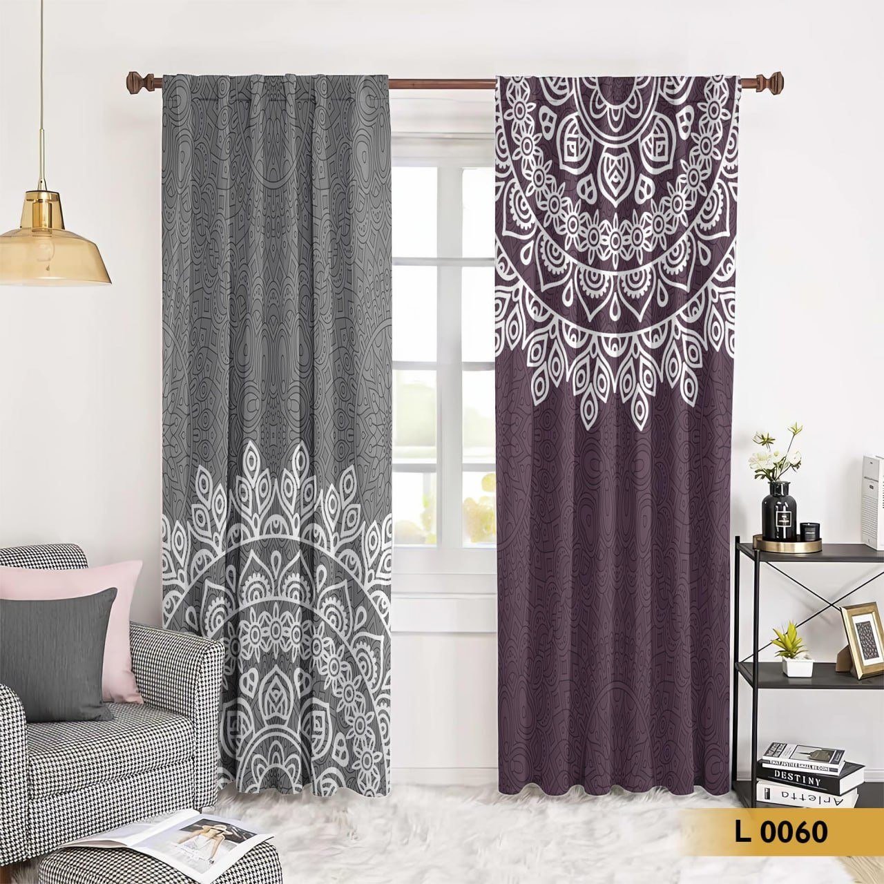 ستارة قطيفة طباعة 3D بنقشة ماندالا – رمادي × موف | موديل L0060