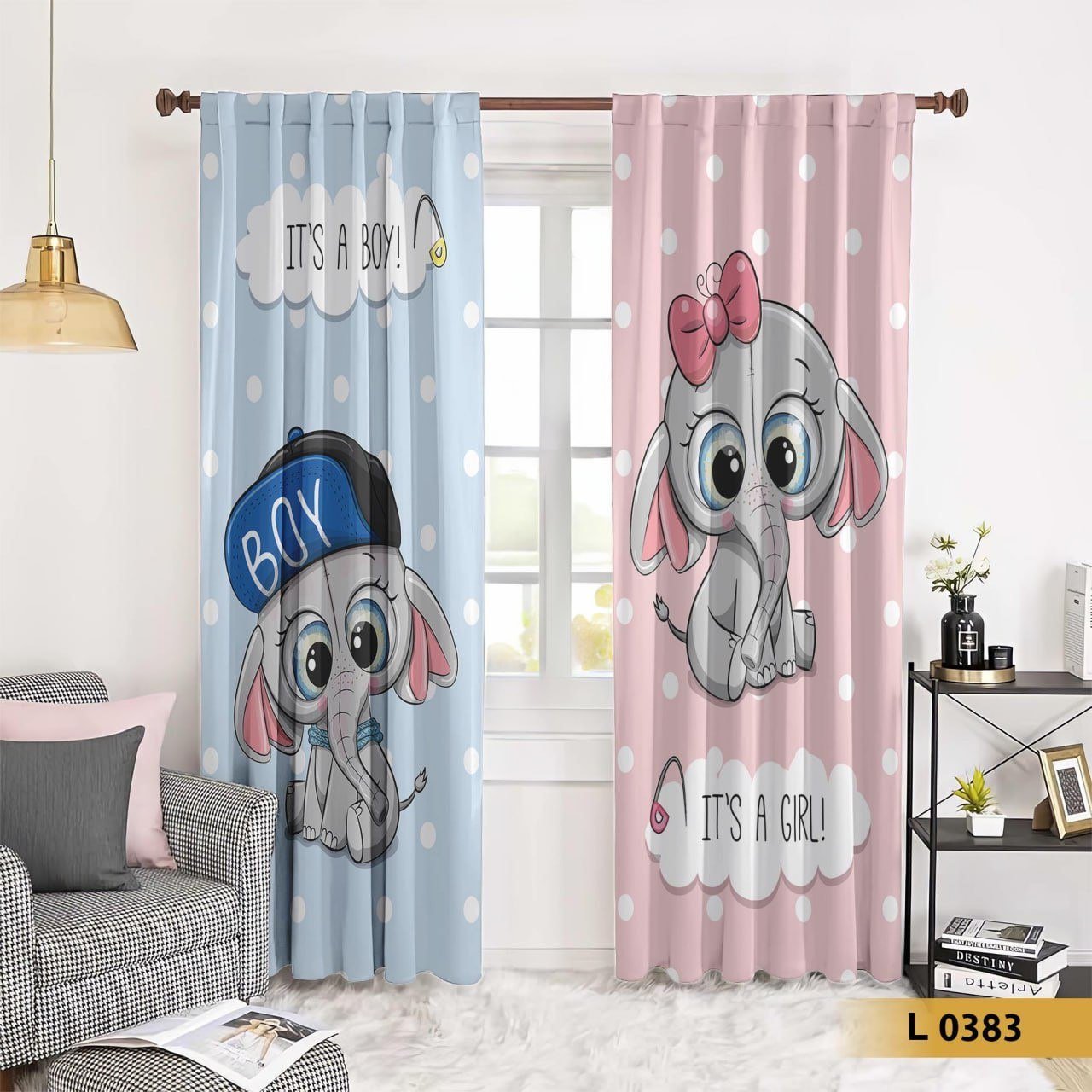 ستارة أطفال قطيفة بطبعة فيل ولد وبنت – أزرق × وردي – موديل L0383