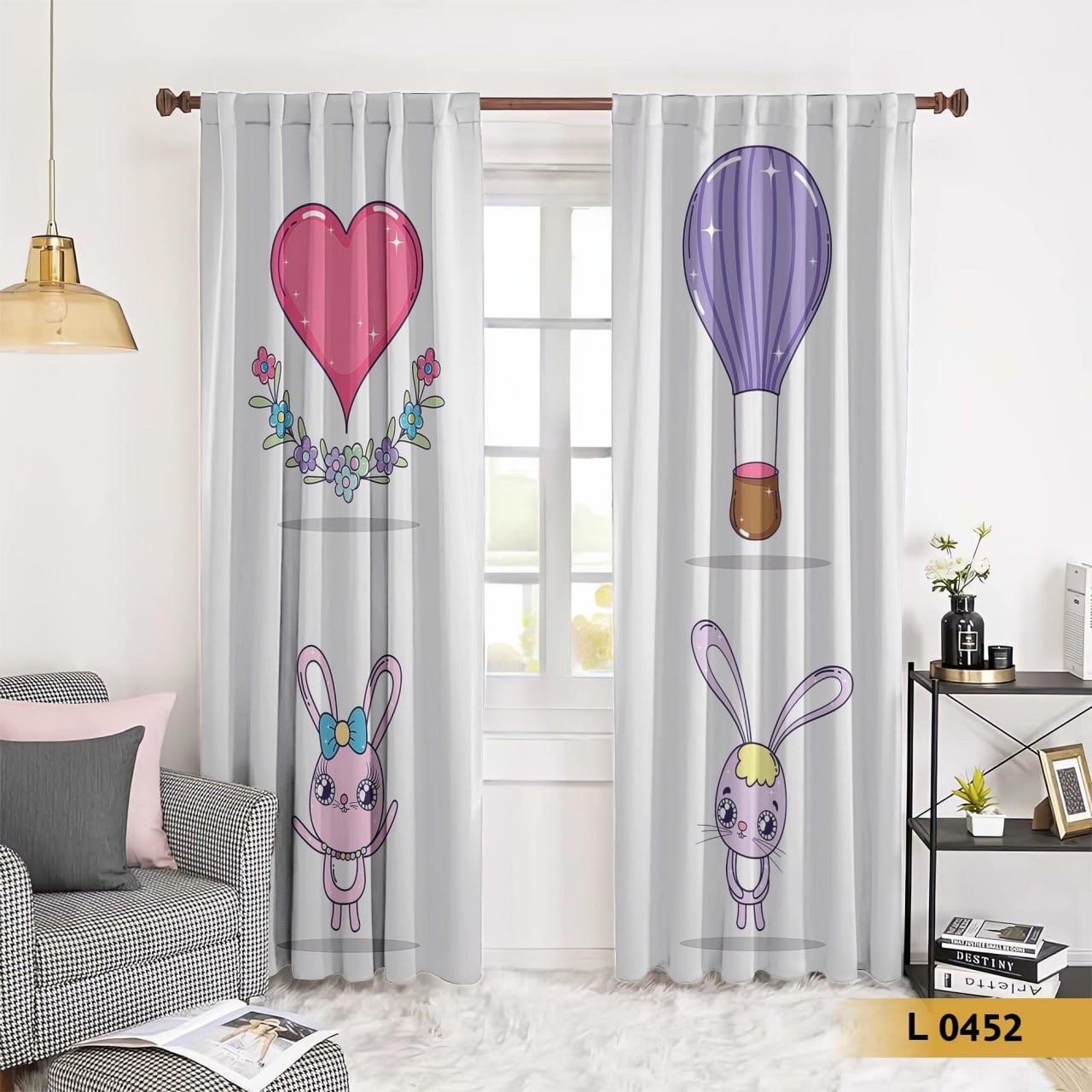 ستارة أطفال بطباعة الأرنب والقلوب والمناطيد – رمادي فاتح – موديل L 0452