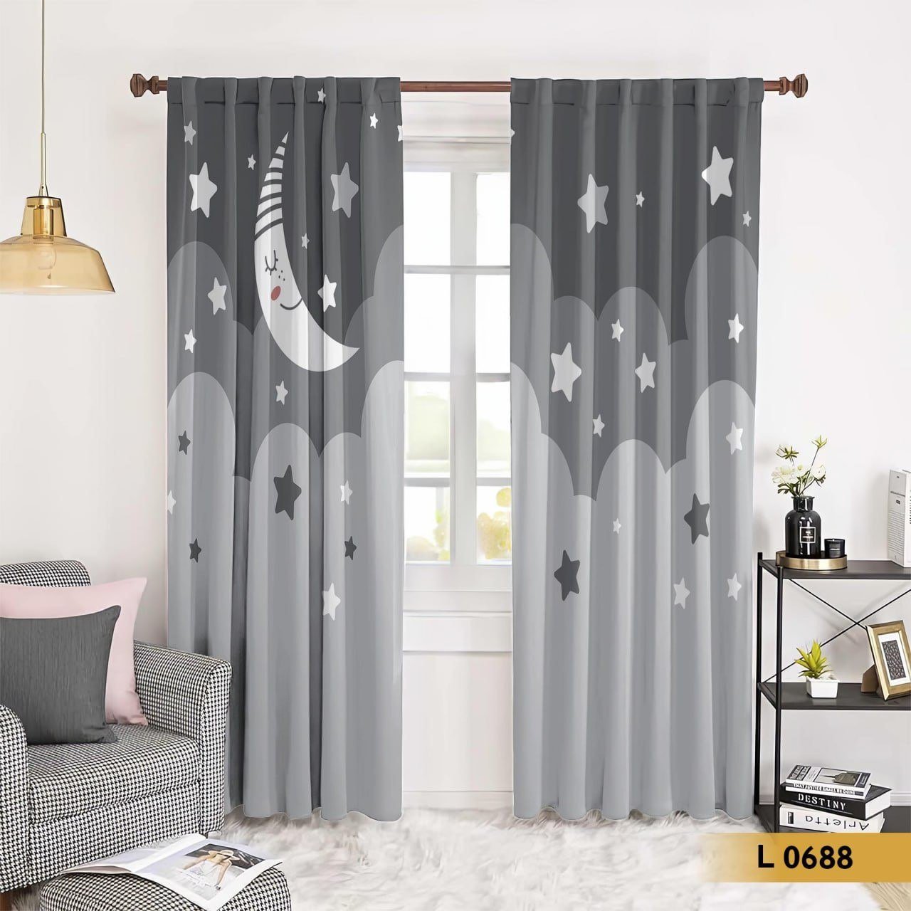 ستارة قطيفة أطفال بنقشة القمر والنجوم باللون الرمادي – L 0688