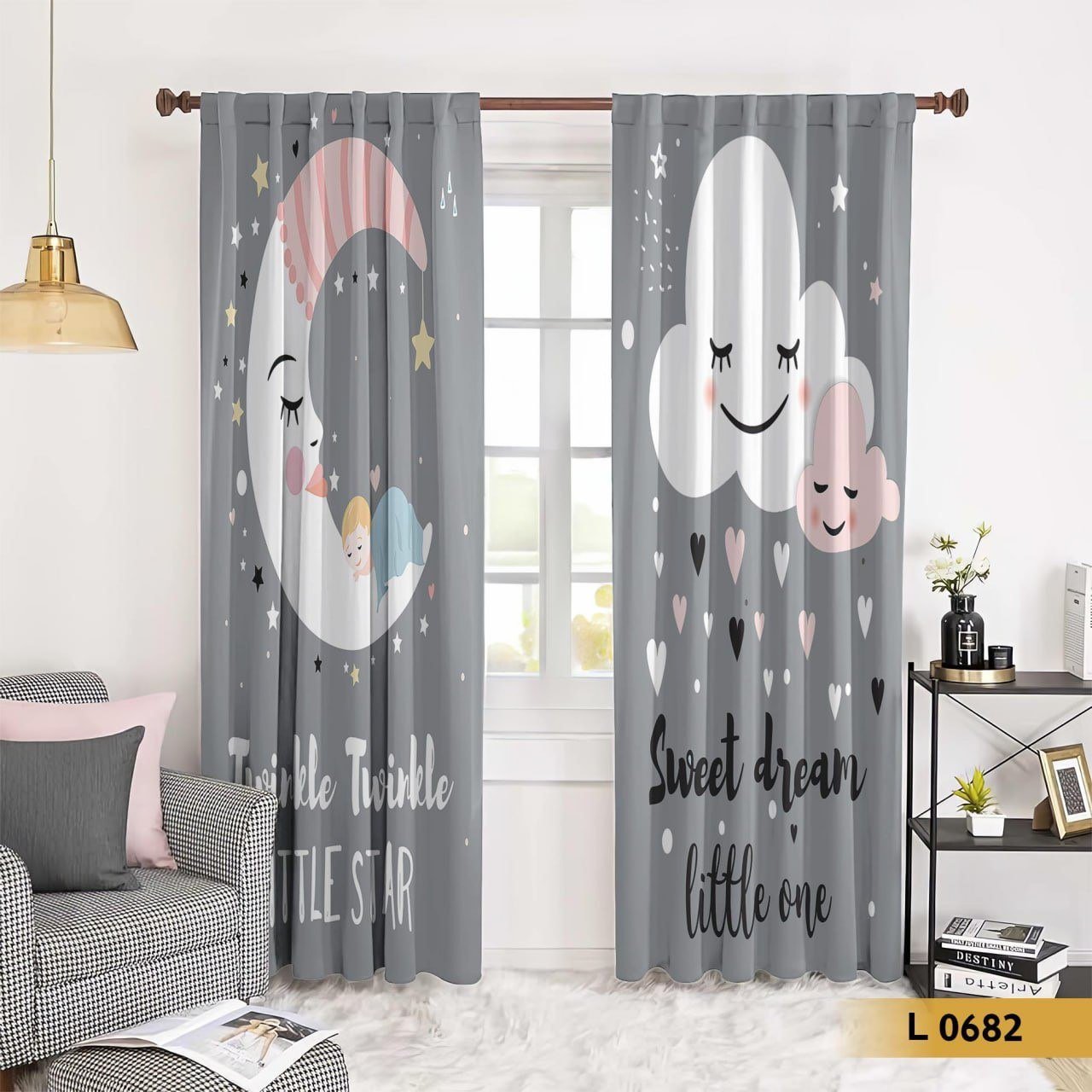 ستارة قطيفة أطفال رمادي بتصميم القمر والغيوم – L 0682