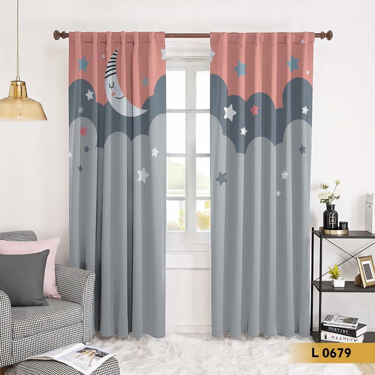 ستارة قطيفة أطفال رمادي × بينك بتصميم القمر والنجوم – L 0679