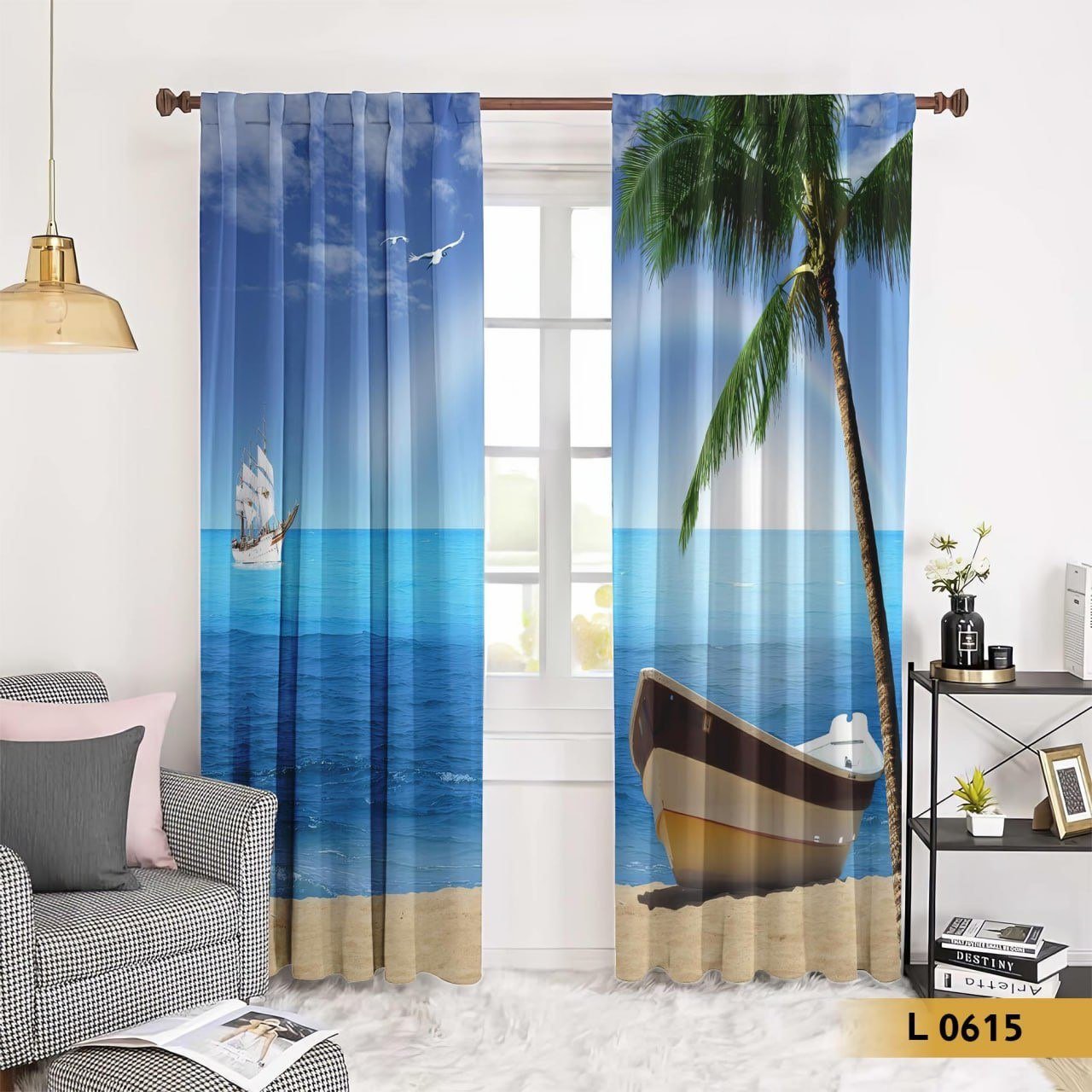 ستارة قطيفة بطباعة بحر ونخيل – موديل L 0615