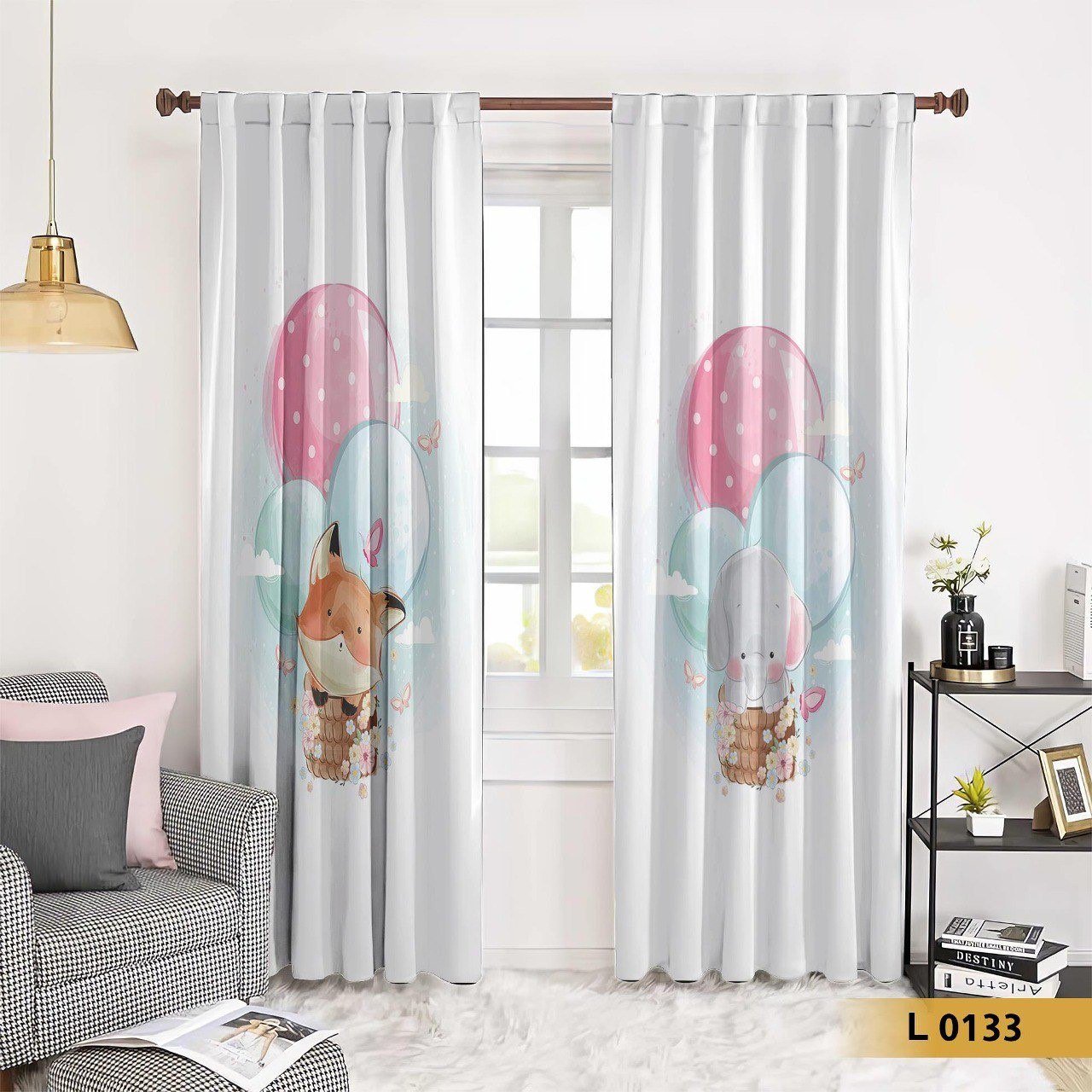 ستائر أطفال بنقشة بالونات وثعلب وفيل – موديل L0133