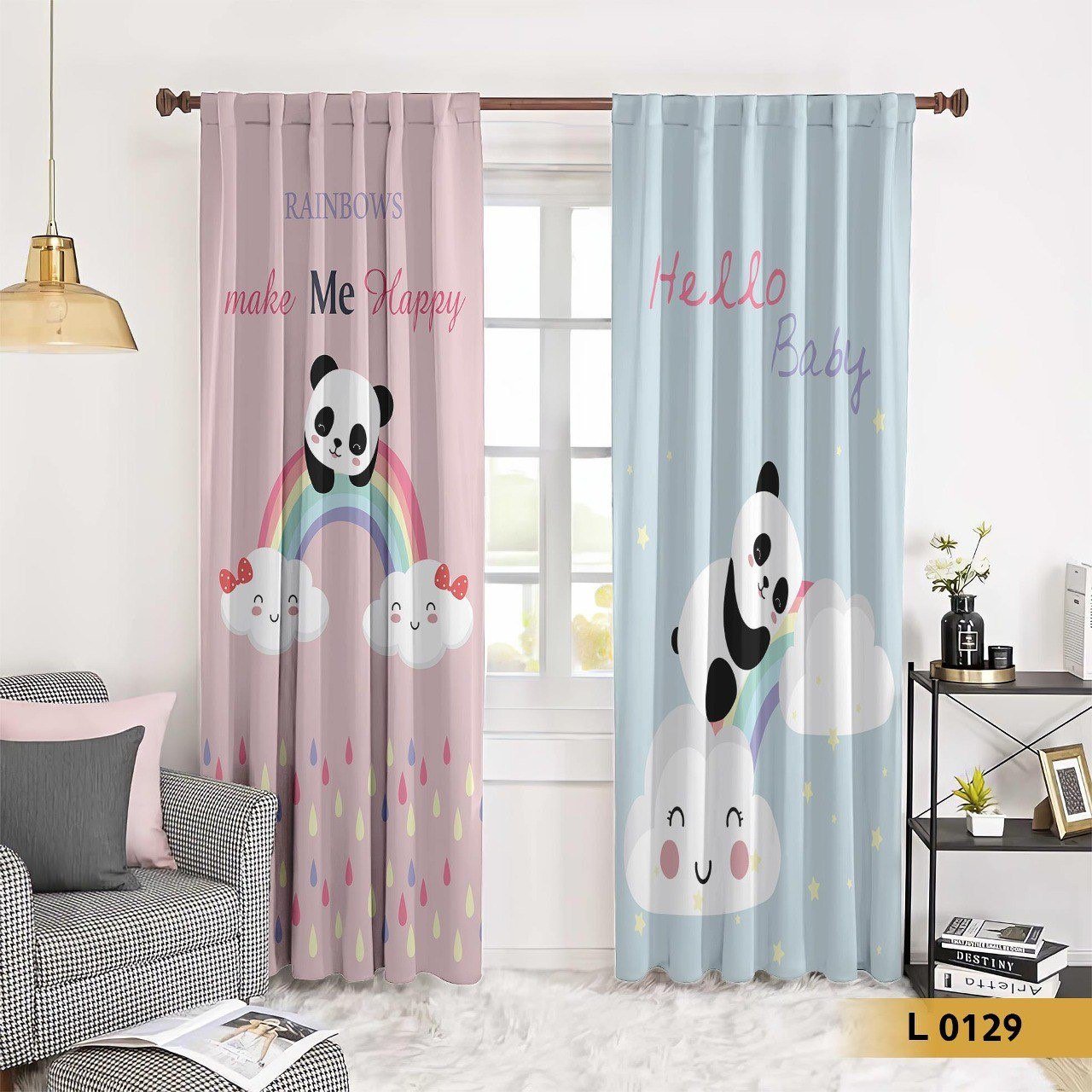 ستائر أطفال باندا على السحاب وقوس قزح – موديل L0129