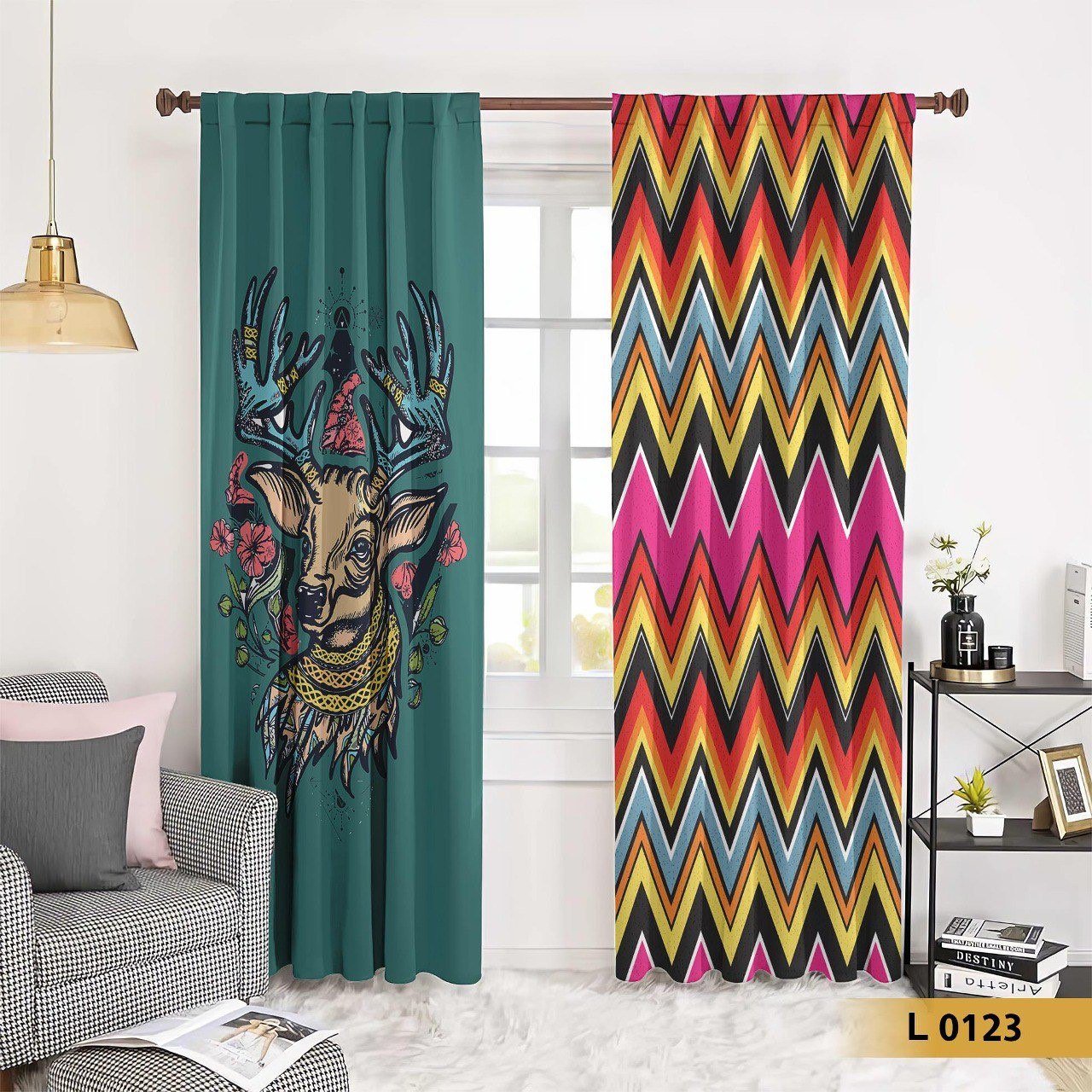 ستارة مودرن بطبعة غزال فنية ونقشة زجزاج ملونة لغرف المعيشة والنوم | موديل L0123