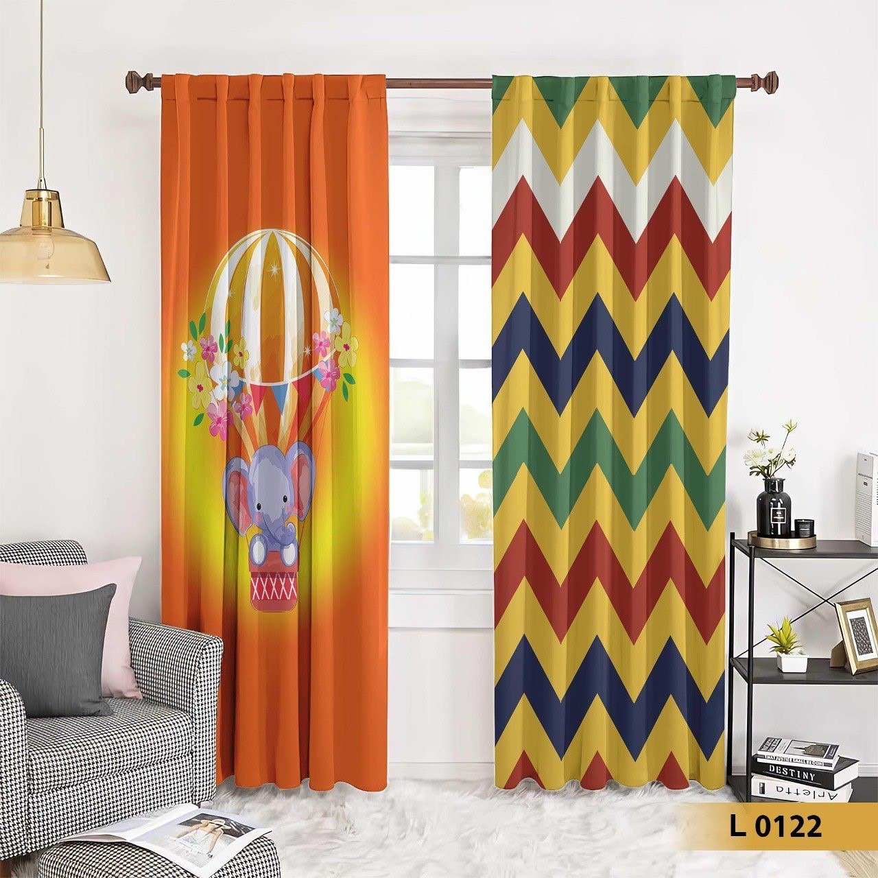 ستارة أطفال بطبعة فيل بمنطاد مع نقشة زجزاج ملونة _ موديل L0122